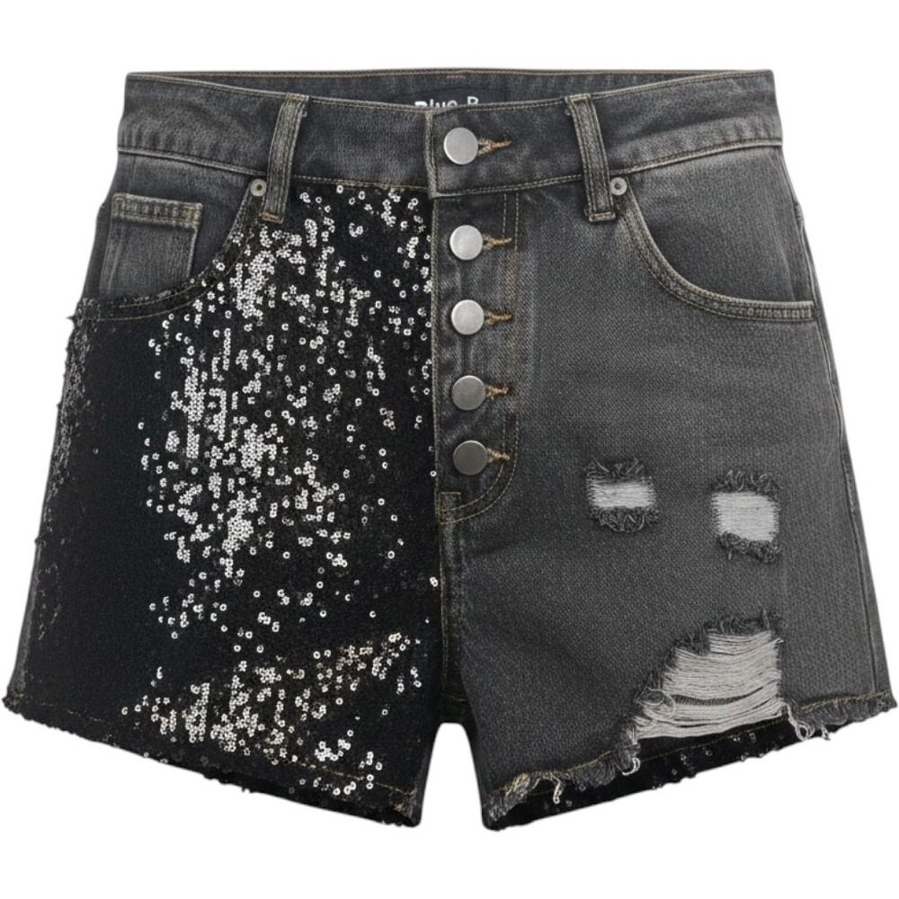 Blue B Women's Small Black Denim Sequin Contrast Frayed Shorts Button Fly